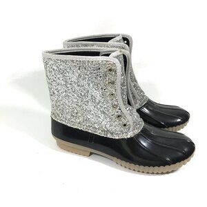 Glitter Boots Waterproof Duck Boots Silver Black 8